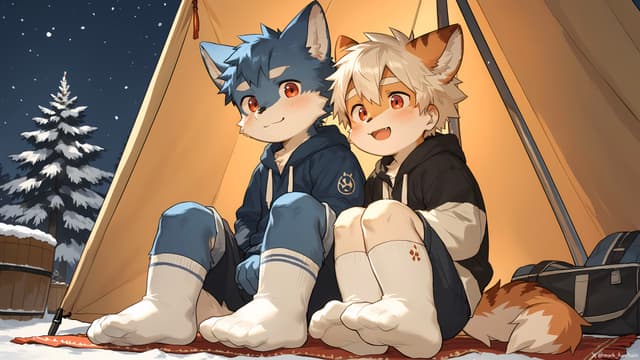 Two anthropomorphic characters with fox-like features sit inside a warmly lit tent, surrounded by snow. One has blue fur and the other has orange fur, both wearing cozy clothing and smiling. A snowy tree and a starry night sky are visible outside